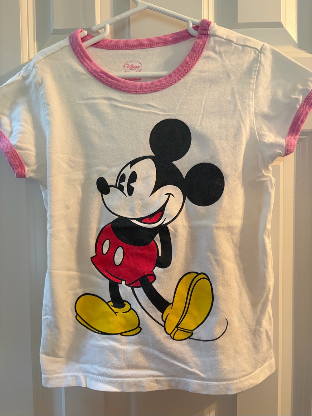 Disney White Mickey Mouse Tee with Pink Trim Graphic 7-8